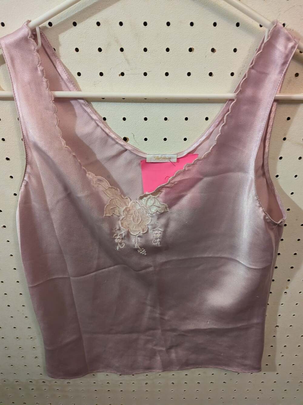 Vintage Barbizon Pink Satin Cami Tank Top with Lace Embroidery